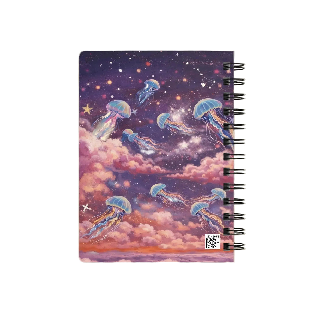 A spiral-bound notebook with a colorful cover illustration of jellyfish in a starry night sky with pink clouds, shown on a plain white background.
