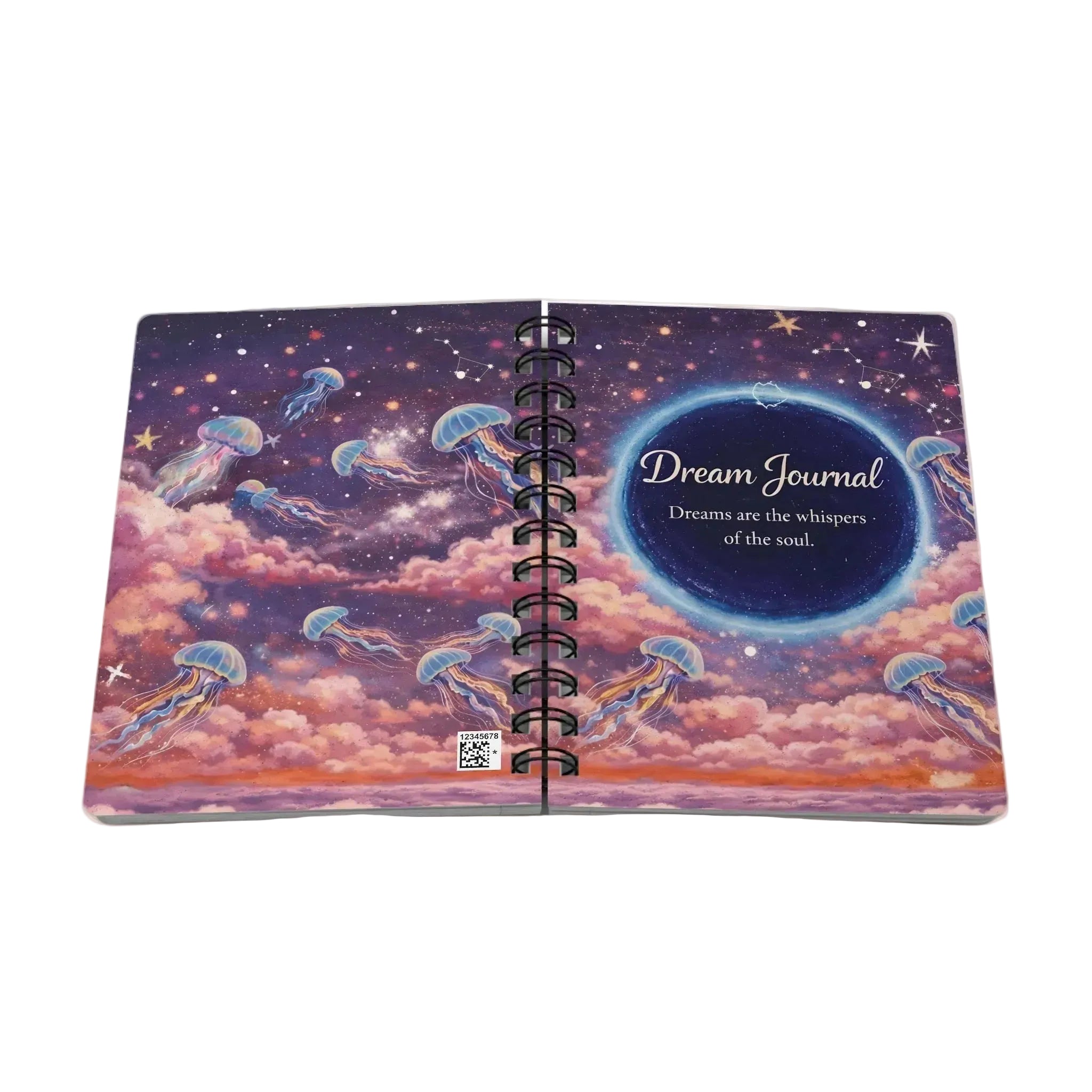 A spiral-bound dream journal featuring a colorful celestial cover illustration with jellyfish, stars, and pink clouds. The cover includes the text 'Dream Journal' and 'Dreams are the whispers of the soul.