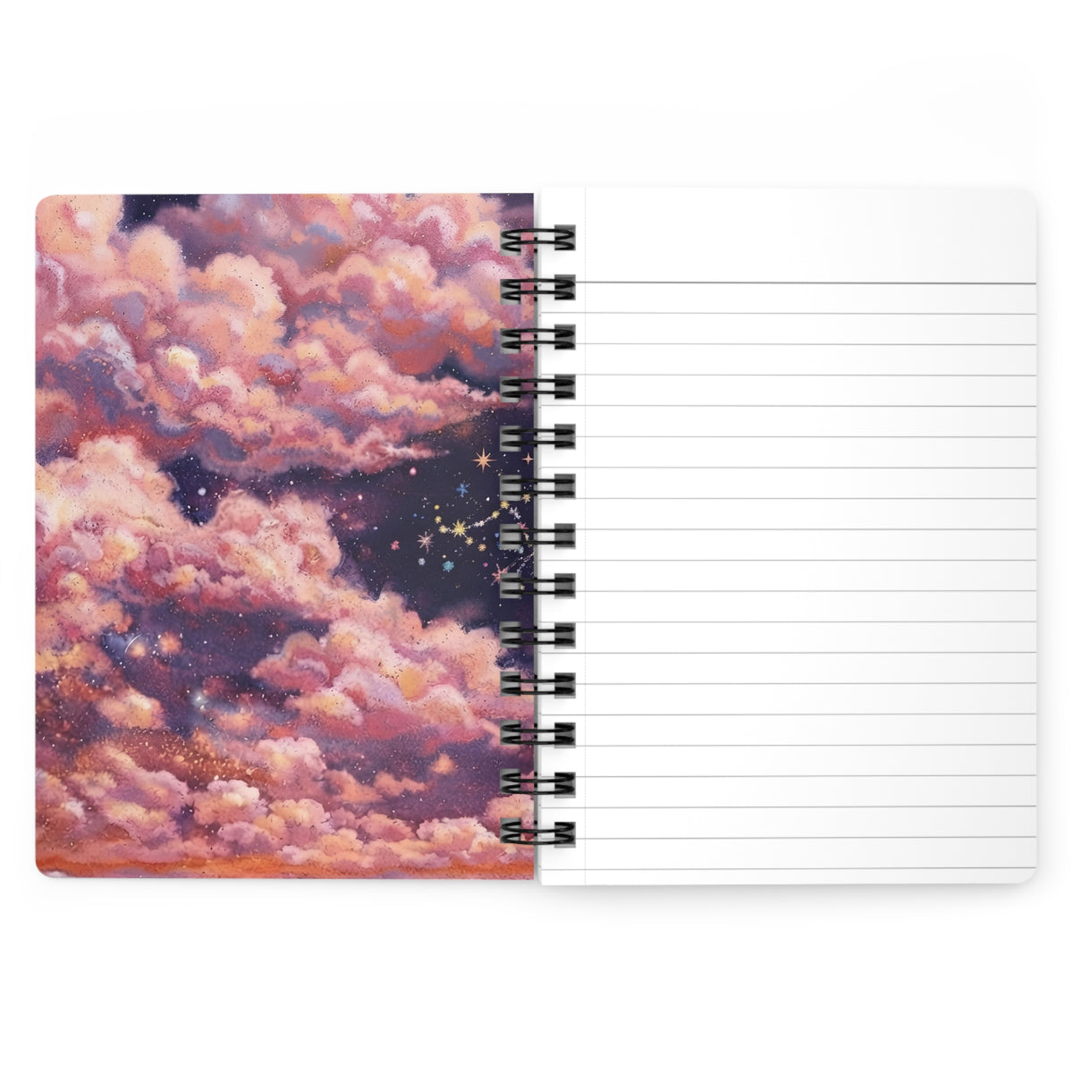 A spiral-bound lined notebook shown open, with a colorful cloud-and-stars cover on the left page and blank white lined pages on the right, photographed on a plain white background.