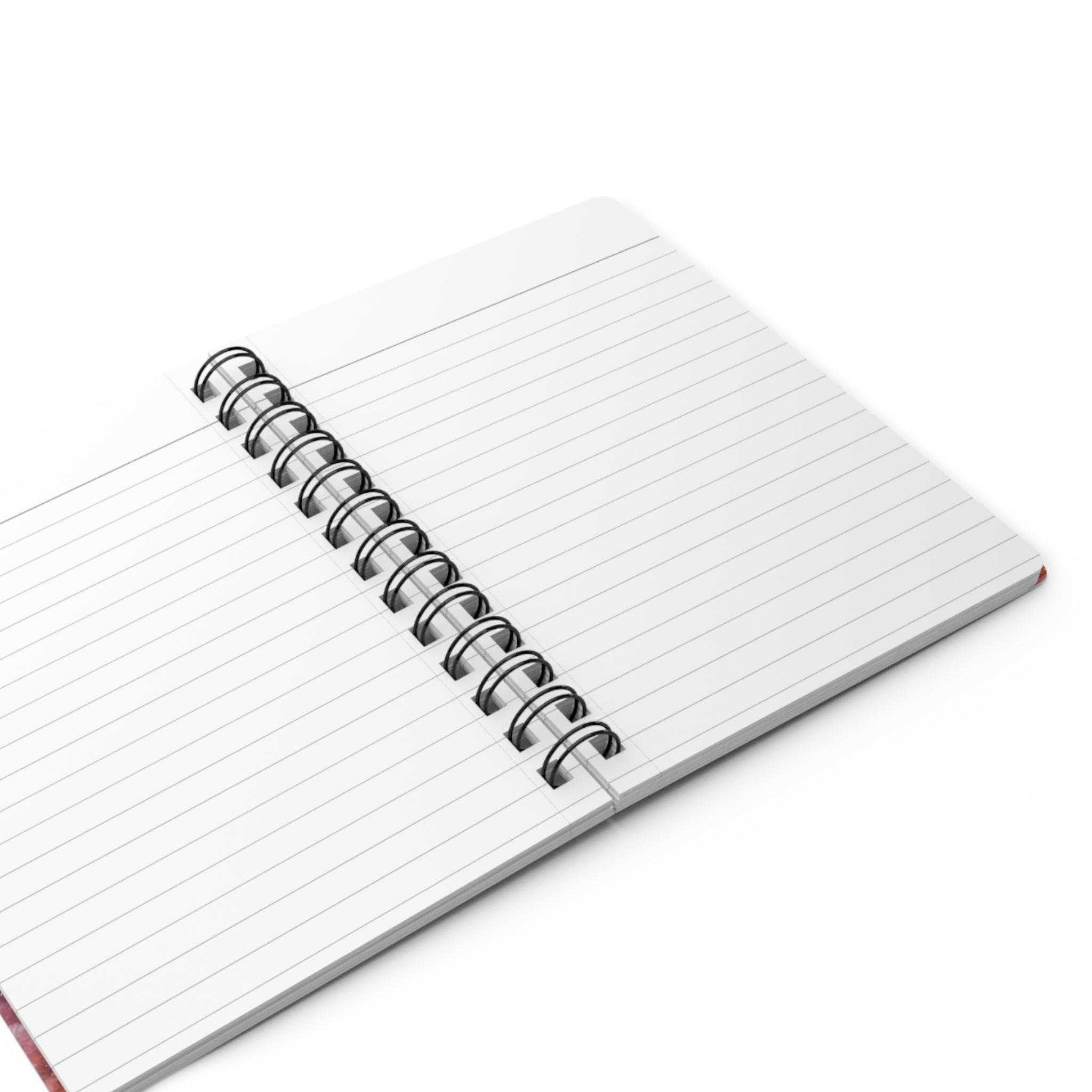 Open spiral-bound notebook with lined pages on a white background