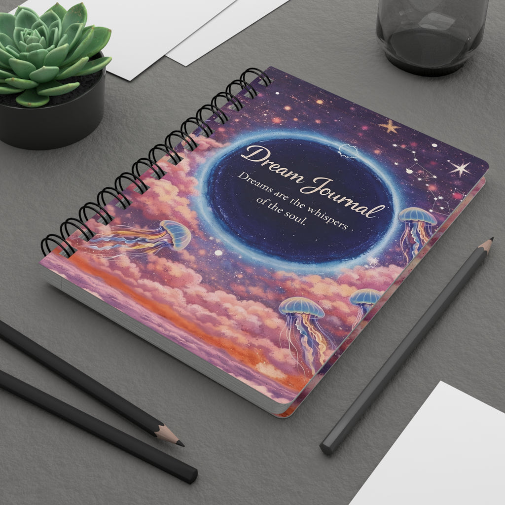 A spiral-bound Dream Journal with a colorful cosmic jellyfish cover design, styled on a gray desk with pencils, a succulent, and paper.