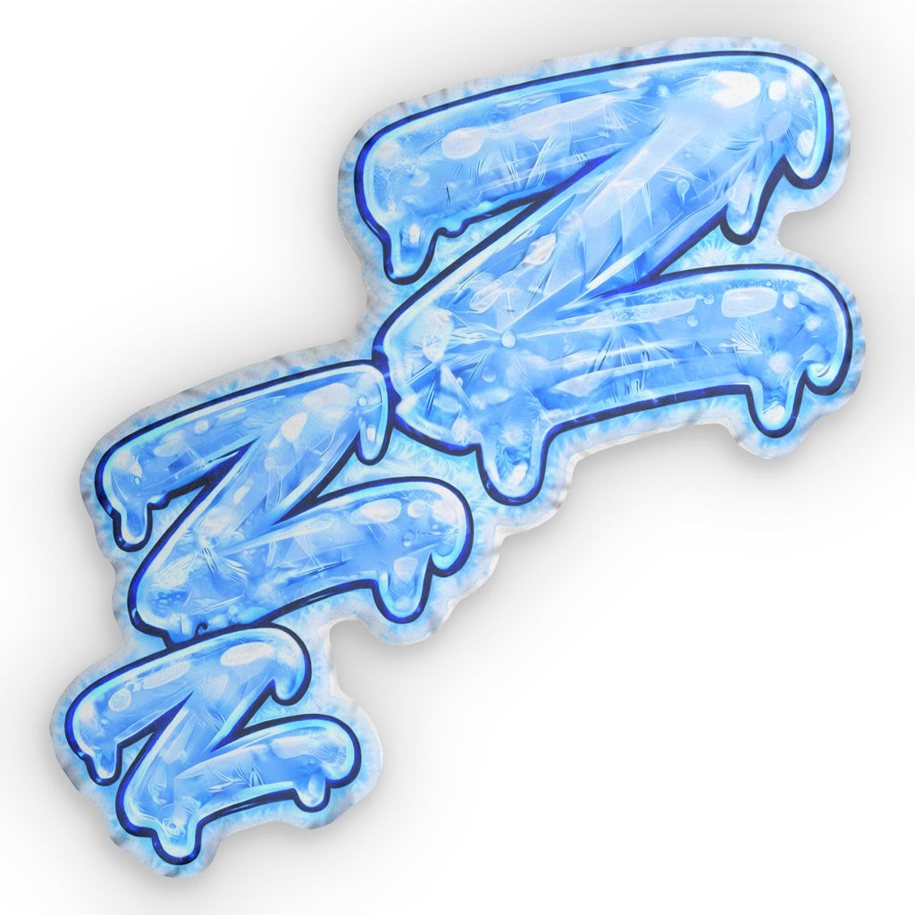 A custom-shaped plush accent pillow featuring the "Frozen ZZZ's" design in dripping, icy blue bubble lettering with a dark blue outline.