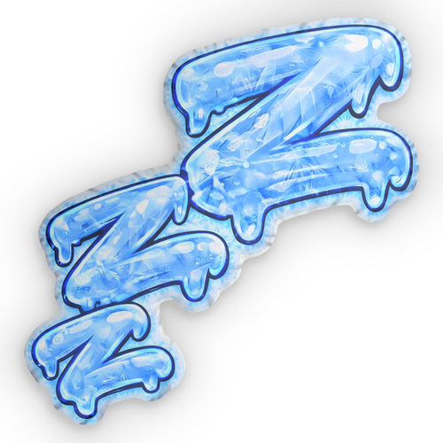A custom-shaped plush accent pillow featuring the "Frozen ZZZ's" design in dripping, icy blue bubble lettering with a dark blue outline.