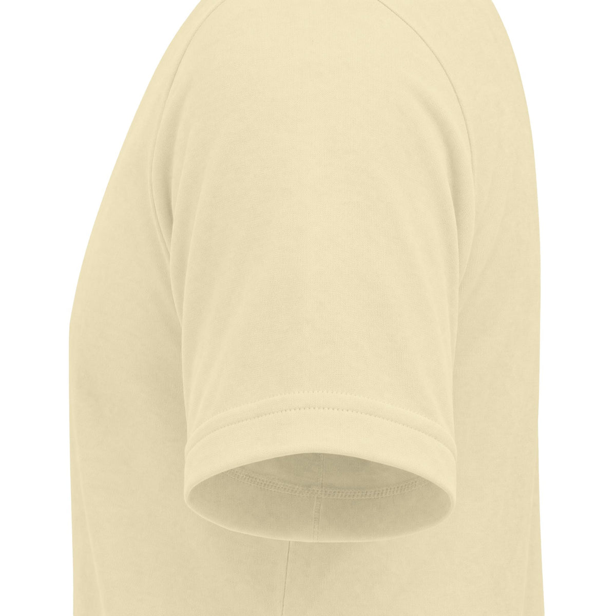 Close-up of a short-sleeve t-shirt sleeve and shoulder in a light cream or off-white color, showing the ribbed cuff and stitching details against a plain white background.