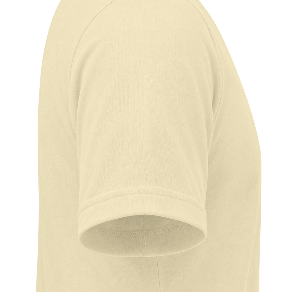 Close-up side view of a short-sleeve crewneck t-shirt in a light cream or pale yellow color, showing the shoulder seam and ribbed sleeve cuff against a plain white background.