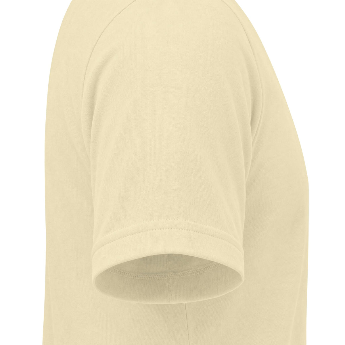 Close-up side view of a short-sleeve crewneck t-shirt in a light cream or pale yellow color, showing the shoulder seam and ribbed sleeve cuff against a plain white background.