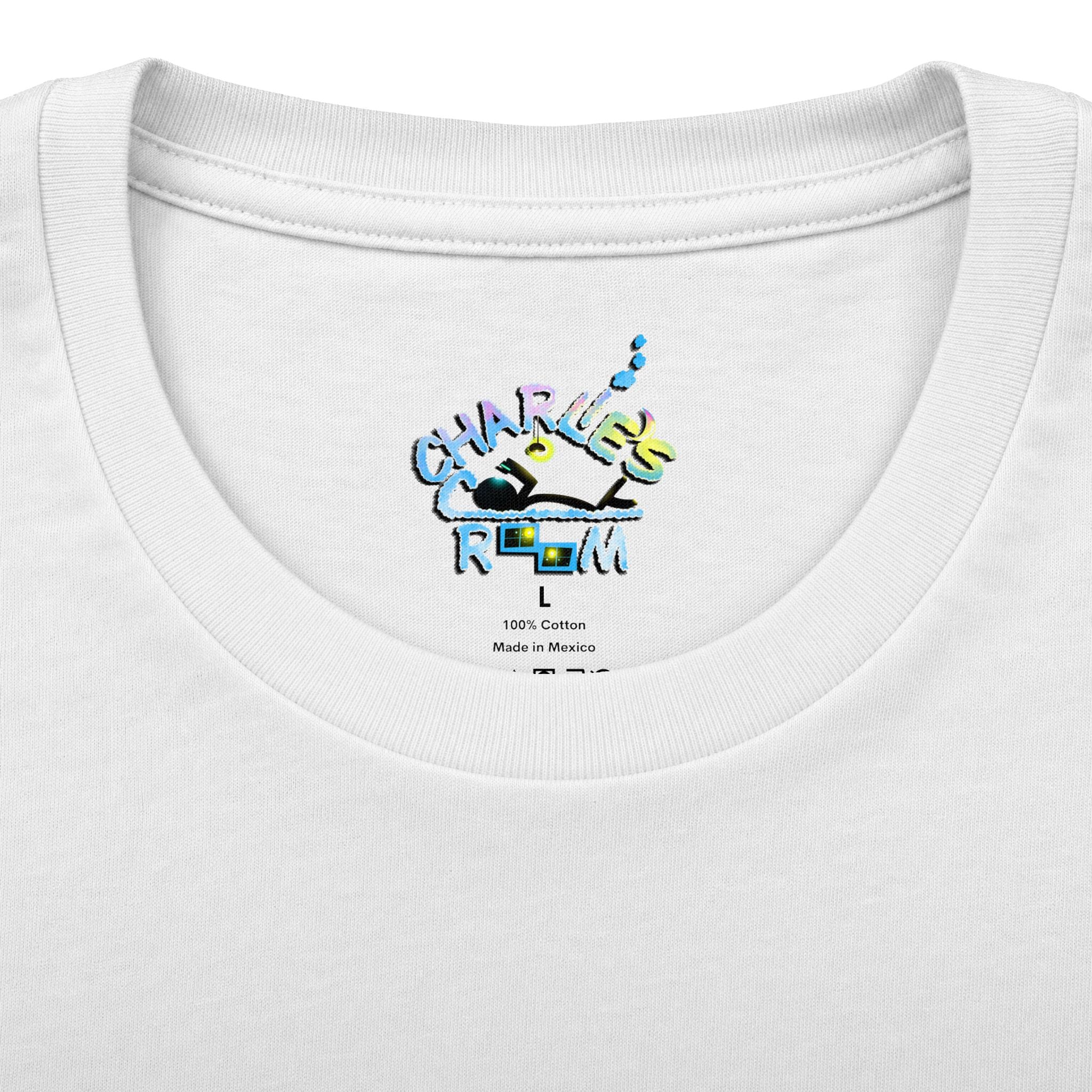Close-up of a white crewneck t-shirt showing the inner neck label with a colorful graphic that reads 'CHARLIE'S COZY ROOM' and small text below reading '100% Cotton Made in Mexico'.