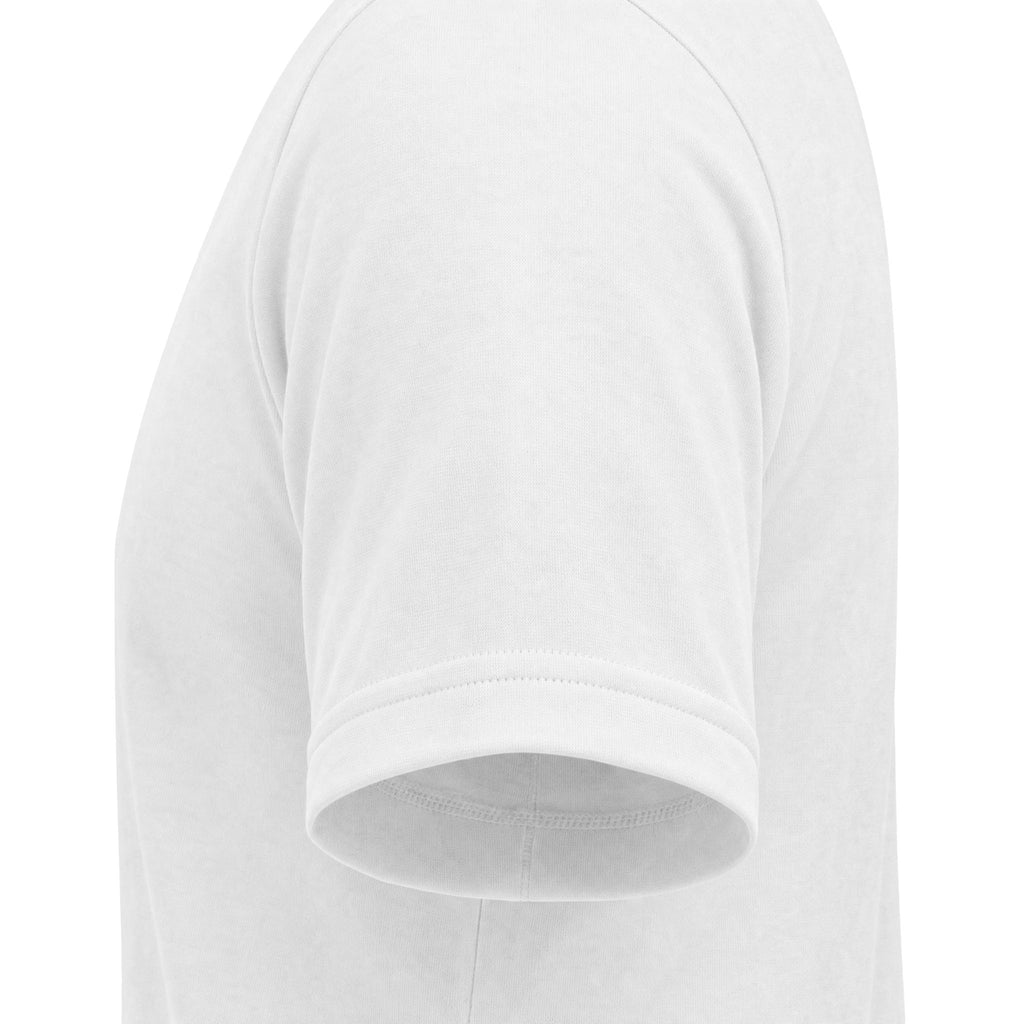 Close-up of a plain white short-sleeve t-shirt showing the shoulder seam and ribbed sleeve cuff on a white background.