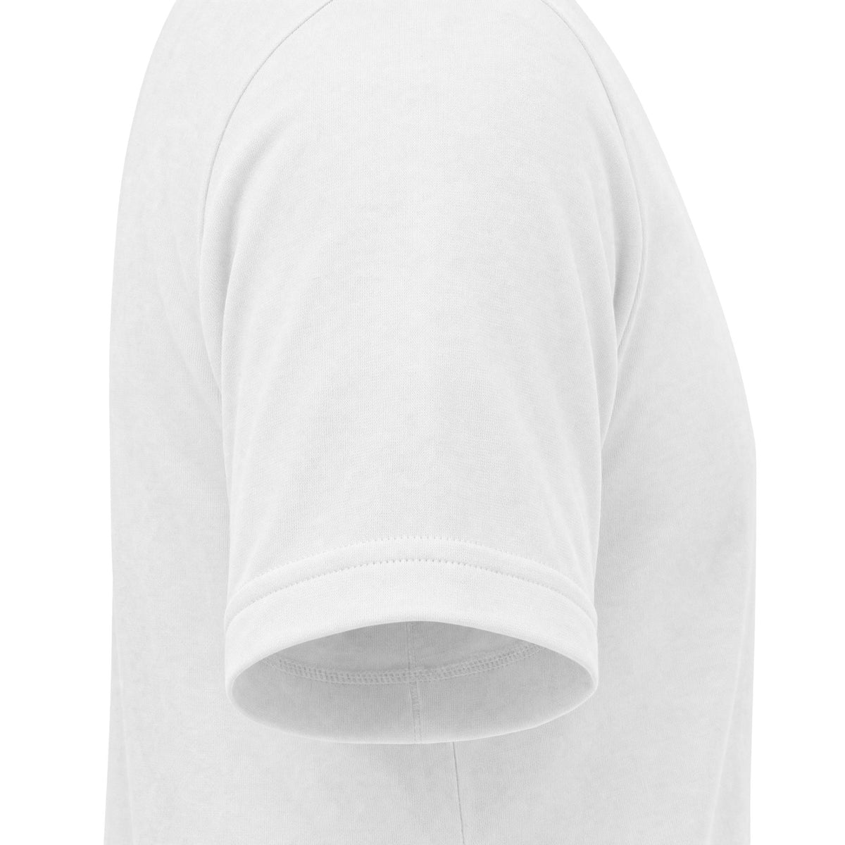 Close-up side view of a plain white short-sleeve t-shirt showing the shoulder seam and ribbed sleeve cuff against a white background.