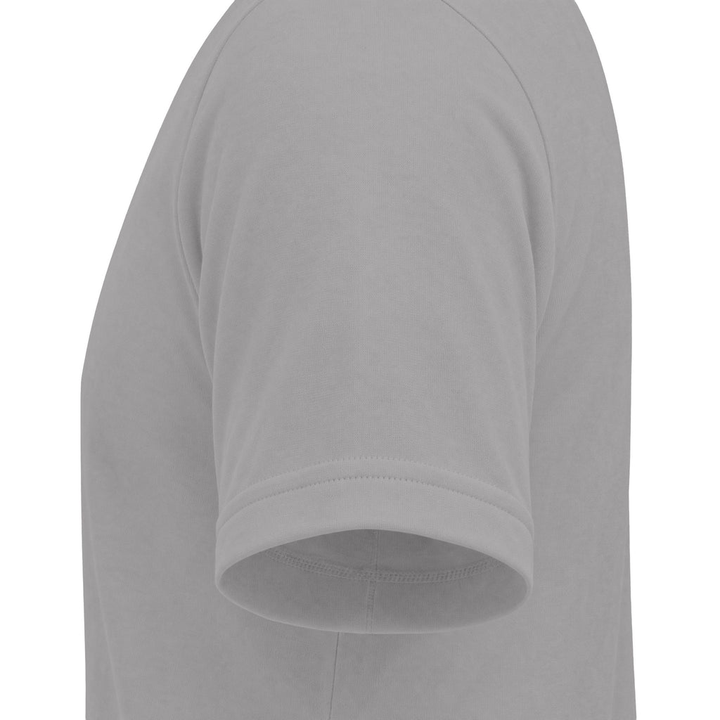 Close-up side view of a light gray short-sleeve t-shirt showing the shoulder seam, sleeve, and ribbed cuff against a plain white background.