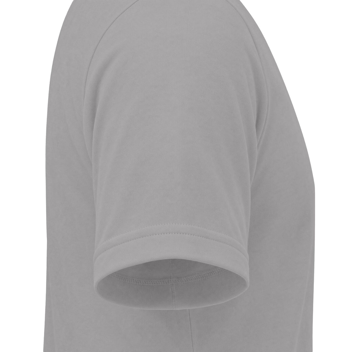Close-up side view of a light gray short-sleeve t-shirt showing the shoulder seam and ribbed sleeve cuff against a plain white background.