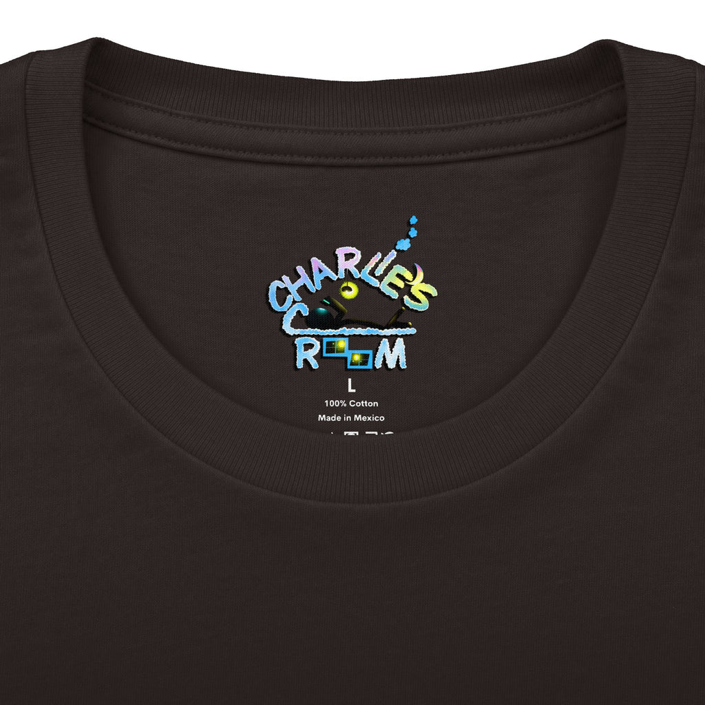 Close-up of a dark brown crewneck t-shirt showing the inner neck print with the Charlie's Cozy Room brand logo and size indicator.