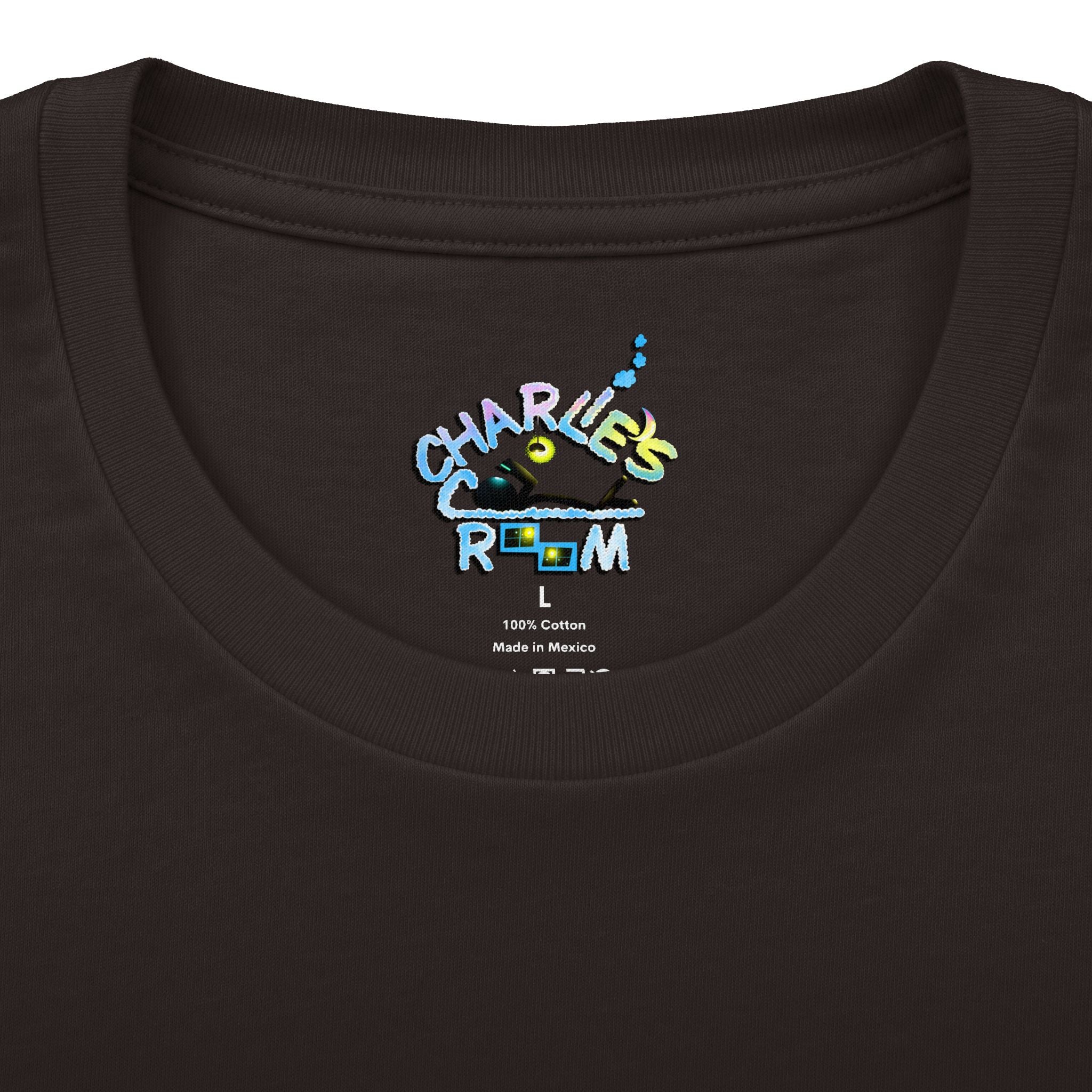 Close-up of a dark brown crewneck t-shirt showing the inner neck print with the Charlie's Cozy Room brand logo and size indicator.