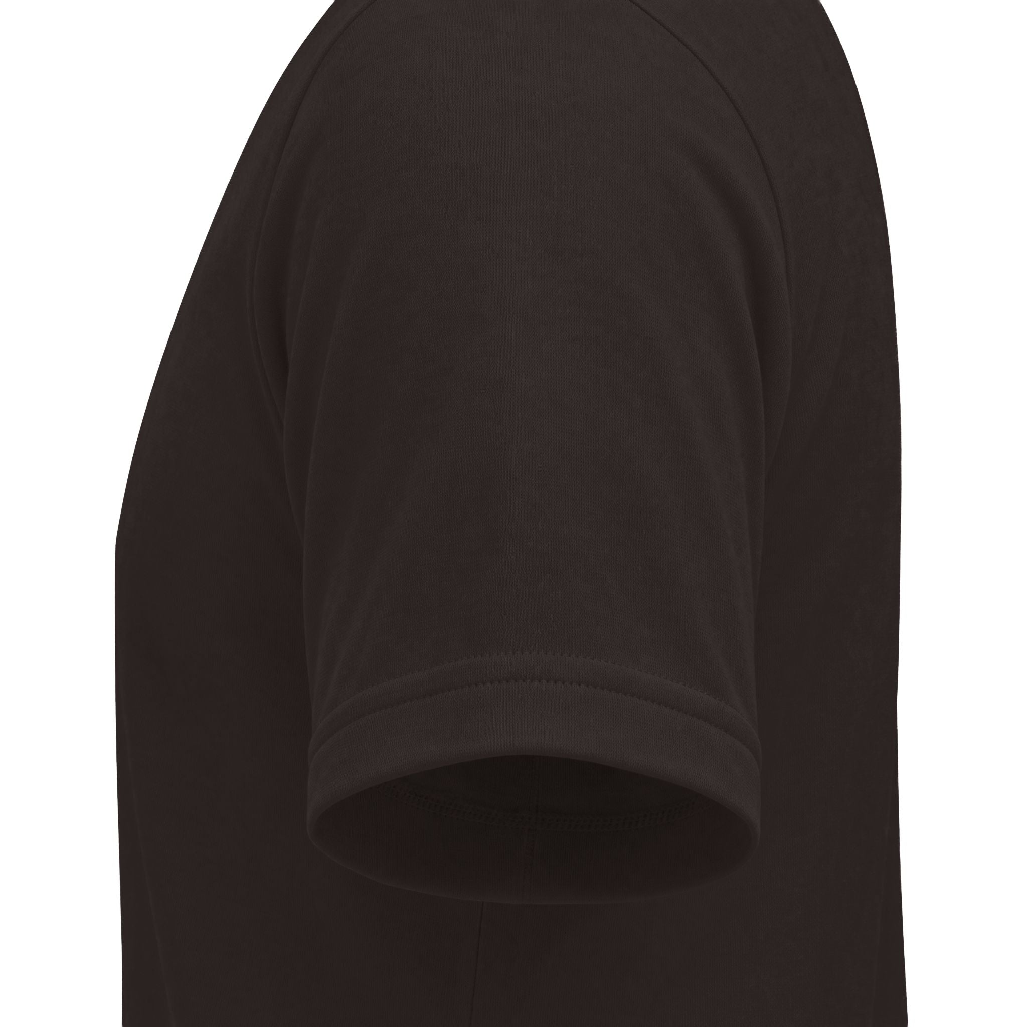 Close-up side view of a short-sleeve crew-neck t-shirt in dark brown, showing the shoulder seam and ribbed sleeve cuff against a plain white background.
