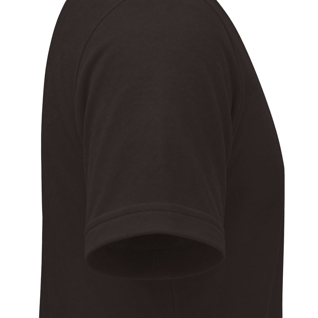 Close-up side view of a short-sleeve crew-neck t-shirt in dark brown, showing the shoulder seam and ribbed sleeve cuff against a plain white background.