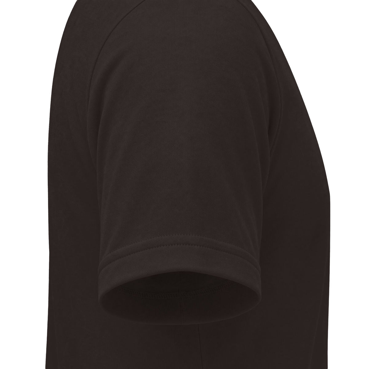 Close-up side view of a short-sleeve crew-neck t-shirt in dark brown, showing the shoulder seam and ribbed sleeve cuff against a plain white background.