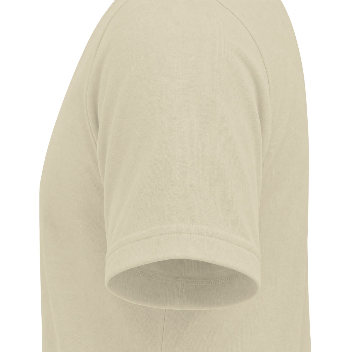 Close-up of a short-sleeve crewneck t-shirt in a light beige or cream color, showing the shoulder seam and ribbed sleeve cuff.