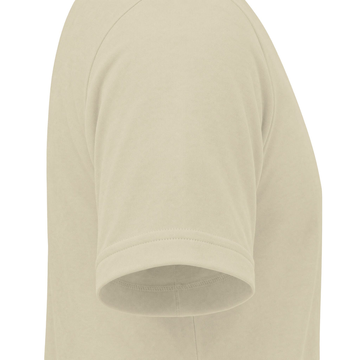 Close-up side view of a short-sleeve crewneck t-shirt in a light cream or off-white color, showing the sleeve and shoulder seam against a plain white background.