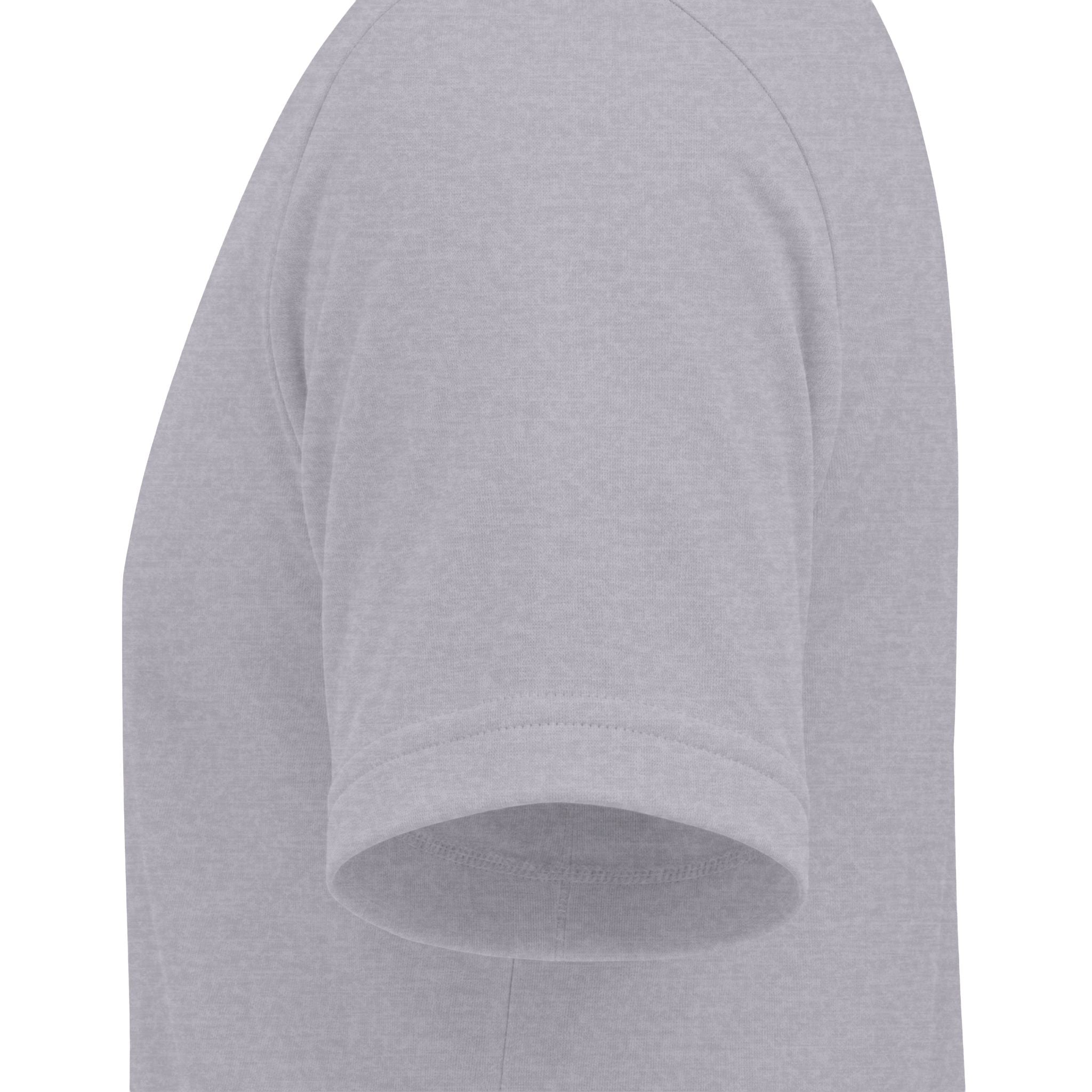 Close-up of a light gray heather short-sleeve t-shirt showing the shoulder seam and ribbed cuff on a white background.