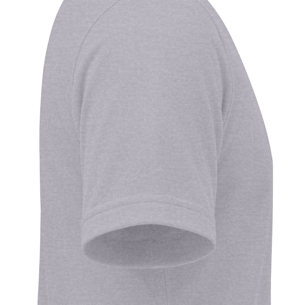 Close-up side view of a light gray short-sleeve t-shirt showing the shoulder seam and sleeve cuff against a plain white background.