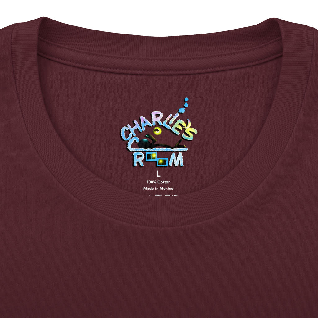 Close-up of a maroon crewneck t-shirt showing the inner neck label with the Charlie's Cozy Room brand logo, size L, and care details.