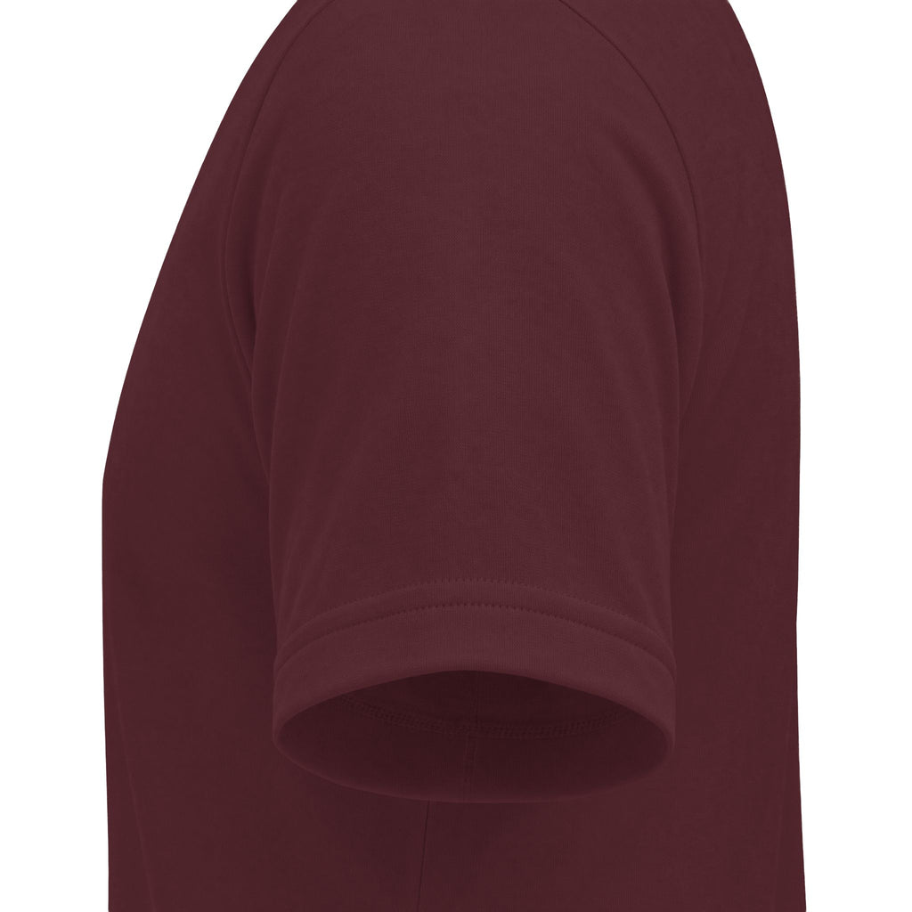 Close-up side view of a short-sleeve crew-neck t-shirt in a maroon color, showing the shoulder seam and ribbed sleeve cuff against a plain white background.