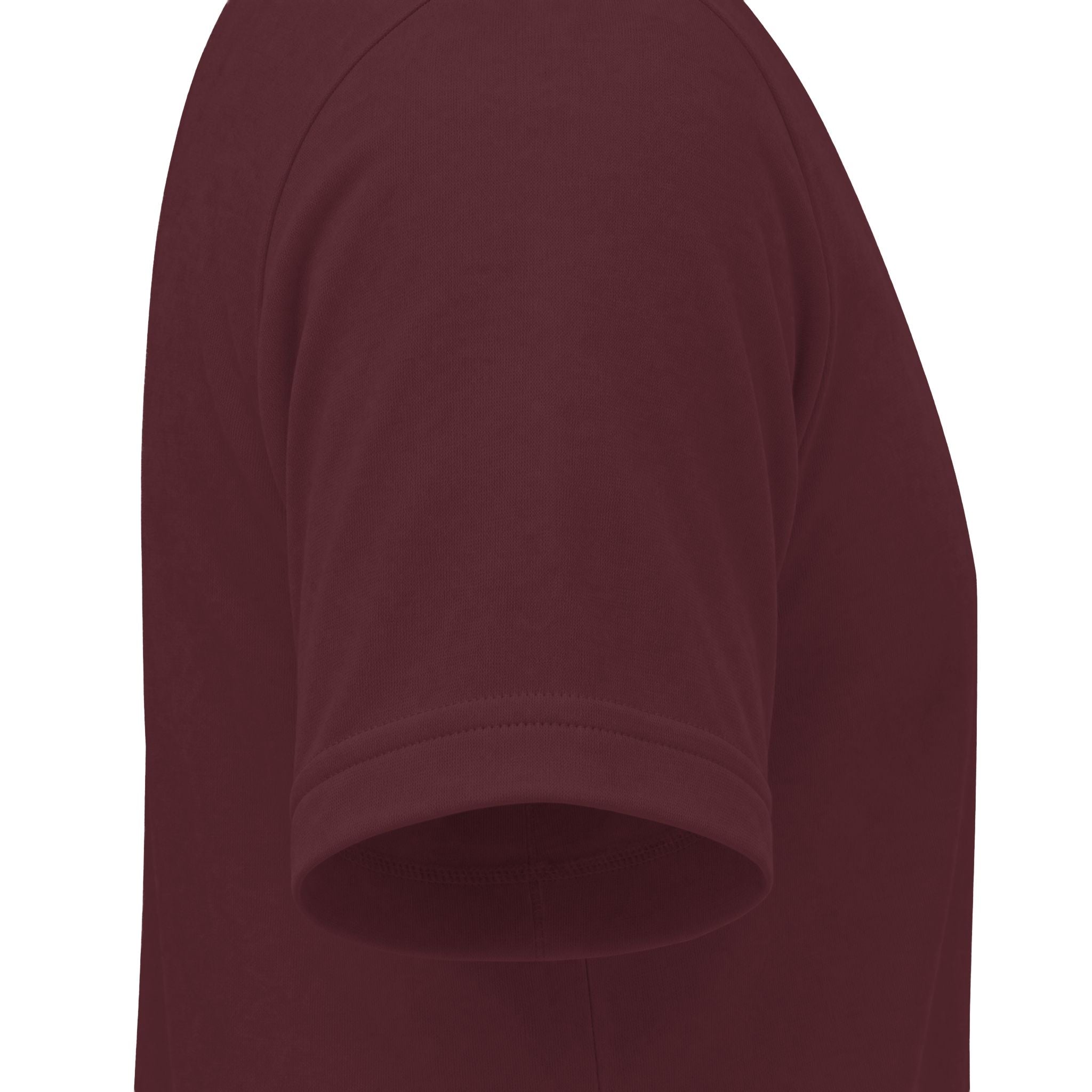 Close-up side view of a short-sleeve crew-neck t-shirt in a maroon color, showing the shoulder seam and ribbed sleeve cuff against a plain white background.