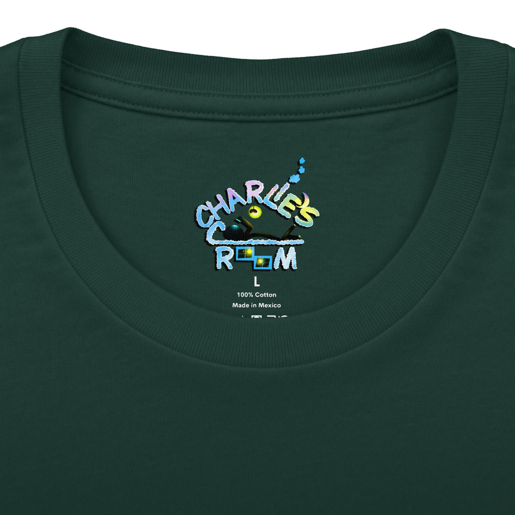 Close-up of a dark green crewneck t-shirt showing the inner neck print with the Charlie's Cozy Room brand logo, size L, and care details.