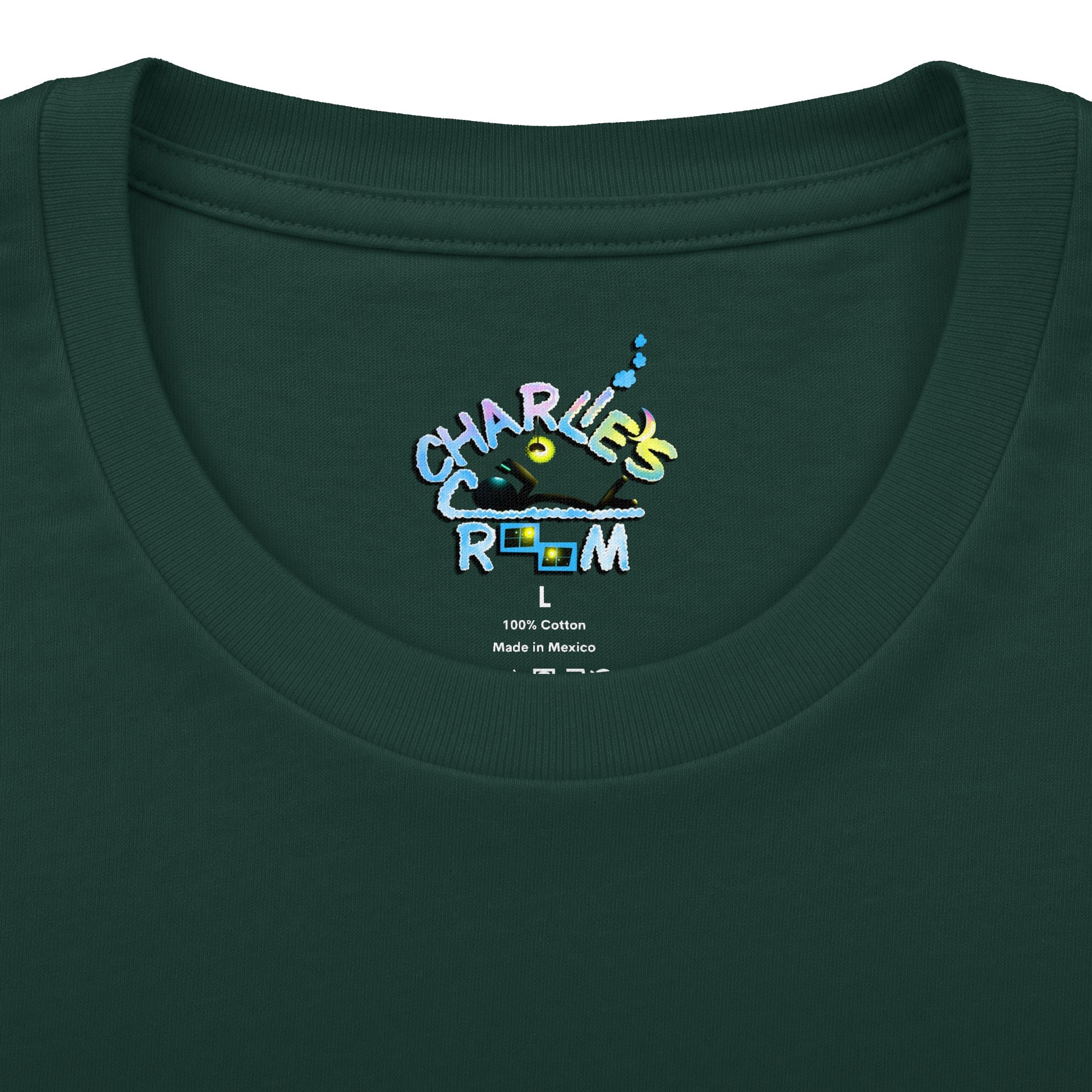 Close-up of a dark green crewneck t-shirt showing the inner neck print with the Charlie's Cozy Room brand logo, size L, and care details.
