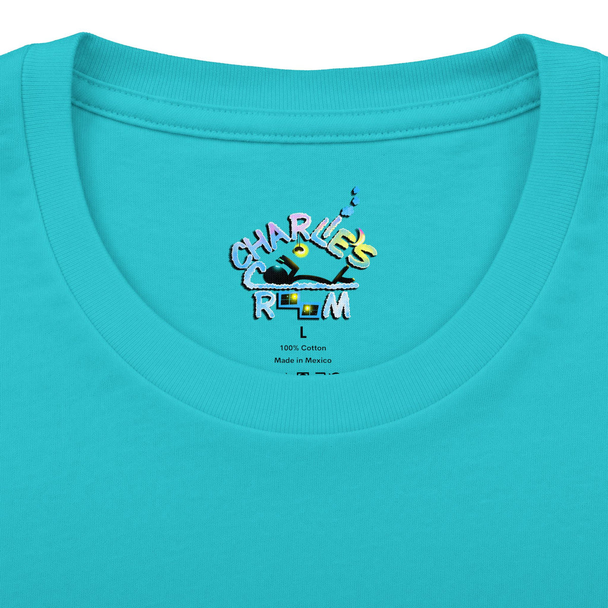 Close-up of a turquoise crewneck t-shirt showing the inner neck label with the Charlie's Cozy Room brand logo, size L, and care details