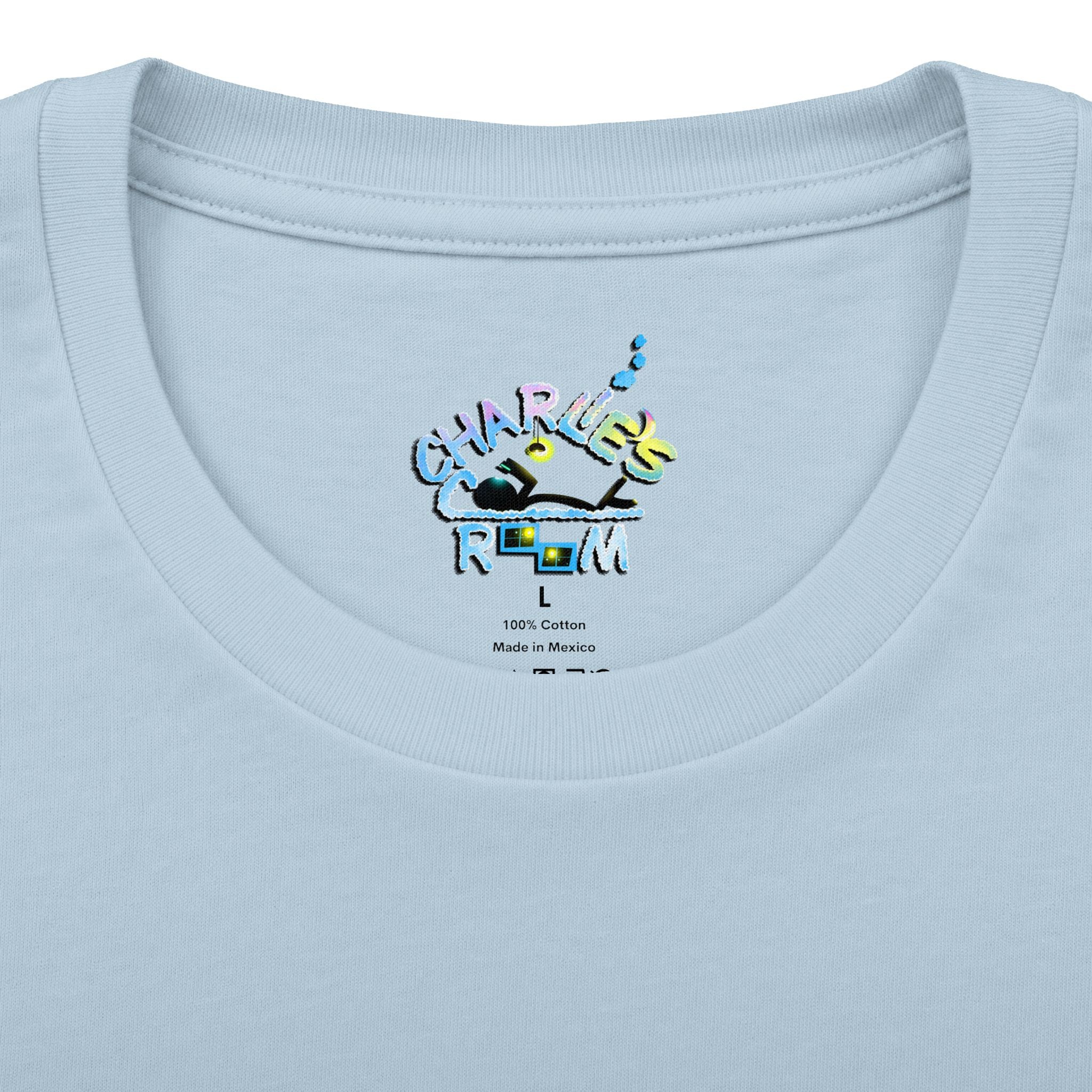 Close-up of a light blue crewneck t-shirt showing the inner neck print with the Charlie's Cozy Room brand logo, size L, and care details.