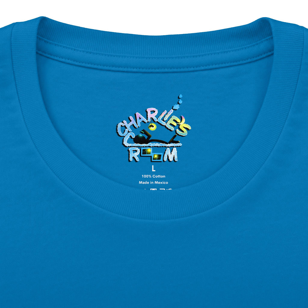 Close-up of a bright blue crewneck t-shirt showing the inner neck print with the Charlie's Cozy Room brand logo, size L, and care details.