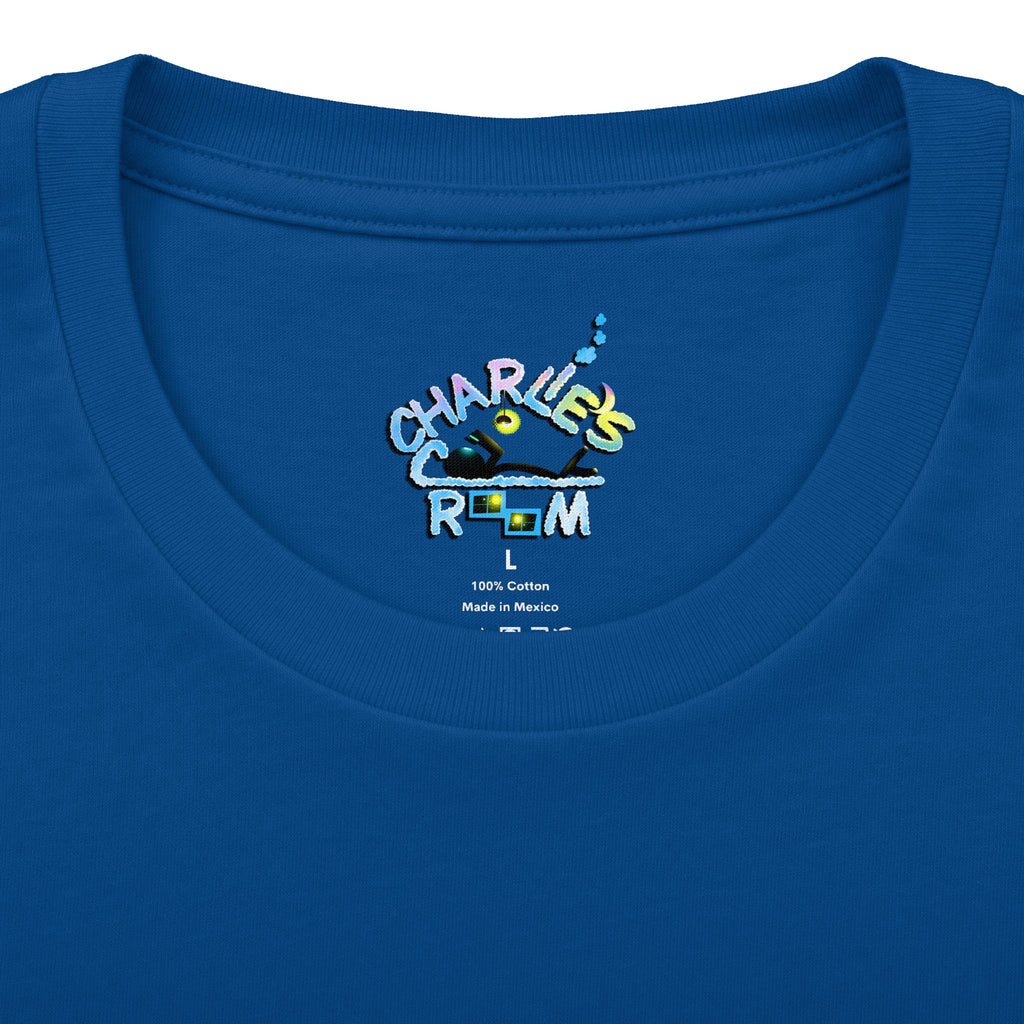 Close-up of a royal blue crewneck t-shirt showing the inner neck print with the Charlie's Cozy Room brand logo, size L, and care details.