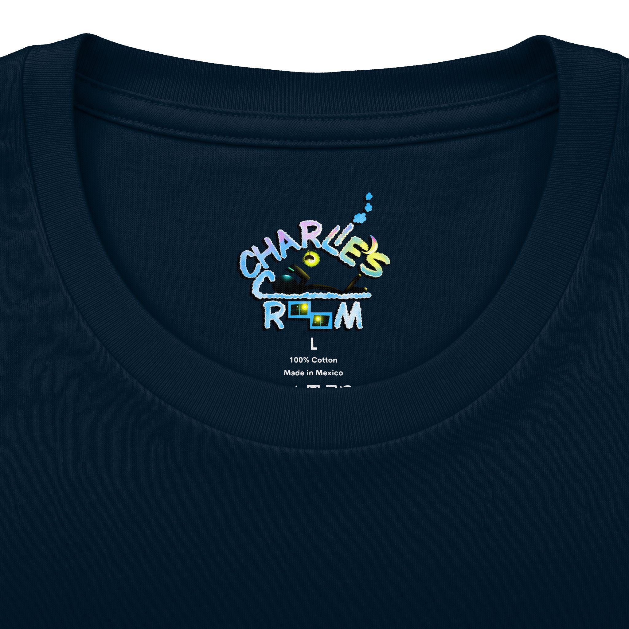 Close-up of a navy blue crewneck t-shirt showing the inner neck print with the Charlie's Cozy Room brand logo, size L, and care details.