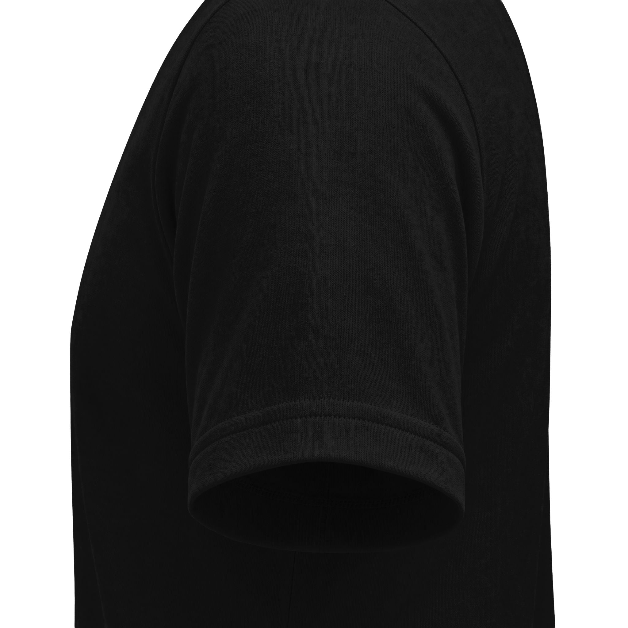 Close-up side view of a black short-sleeve crewneck t-shirt showing the sleeve and ribbed cuff against a plain white background.