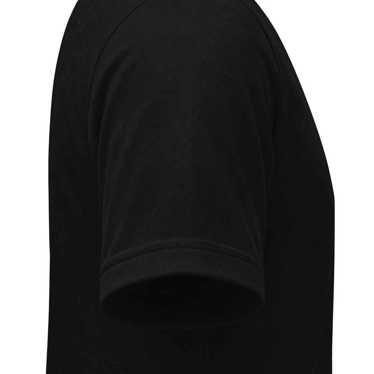 Close-up side view of a black short-sleeve crewneck t-shirt on a white background.