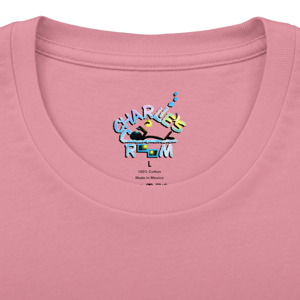 Close-up of a pink crewneck t-shirt showing the inner neck print with the Charlie's Cozy Room brand logo, size L, and care details.