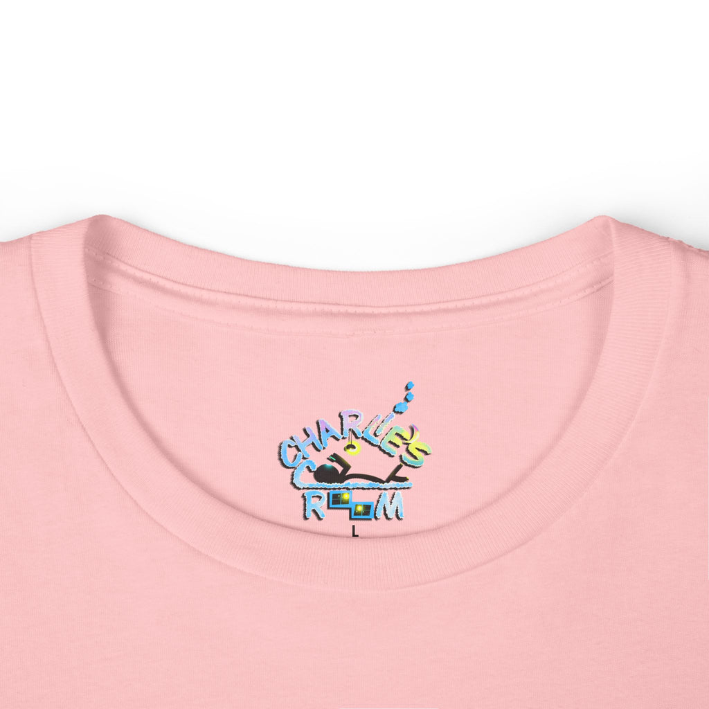 Close-up of a light pink crewneck t-shirt featuring the custom "Charlie's Cozy Room" logo inside-collar neck label graphic.