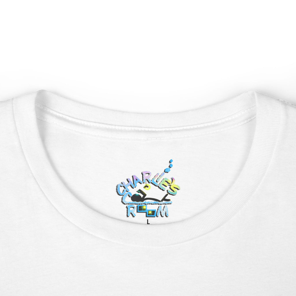 Close-up of a white crewneck t-shirt featuring the custom "Charlie's Cozy Room" logo inside-collar neck label graphic.