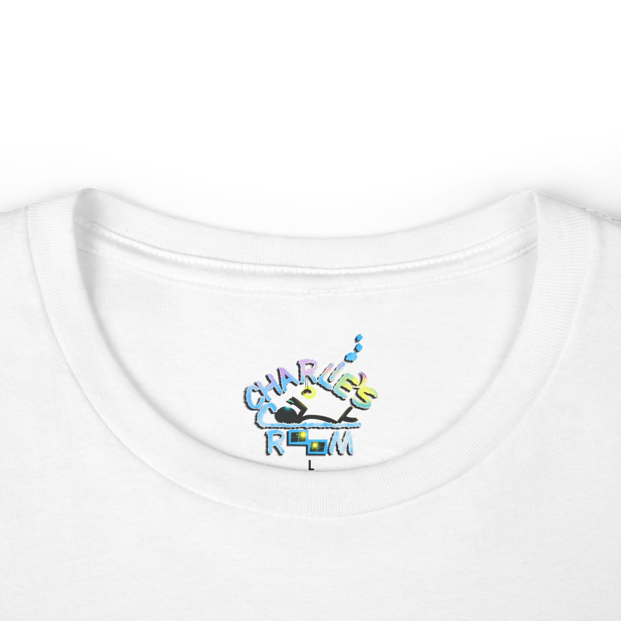 Close-up of a white crewneck t-shirt featuring the custom "Charlie's Cozy Room" logo inside-collar neck label graphic.