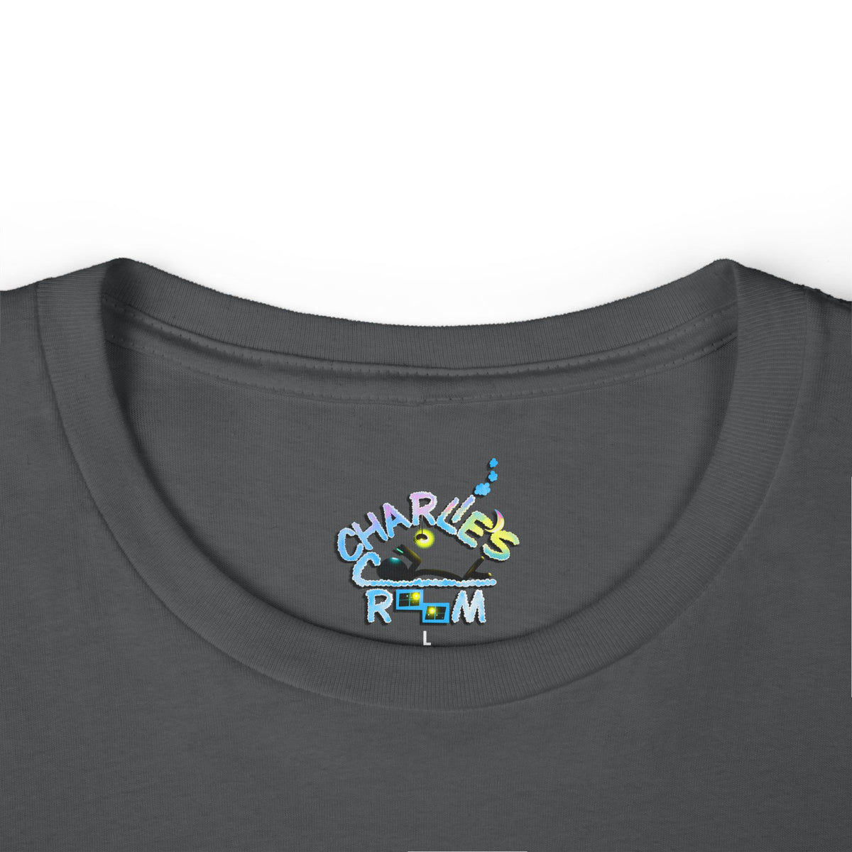 Close-up of a dark gray crewneck t-shirt showing the inside neck label with a colorful graphic that reads 'CHARLIE'S COZY ROOM' in stylized multicolor lettering.