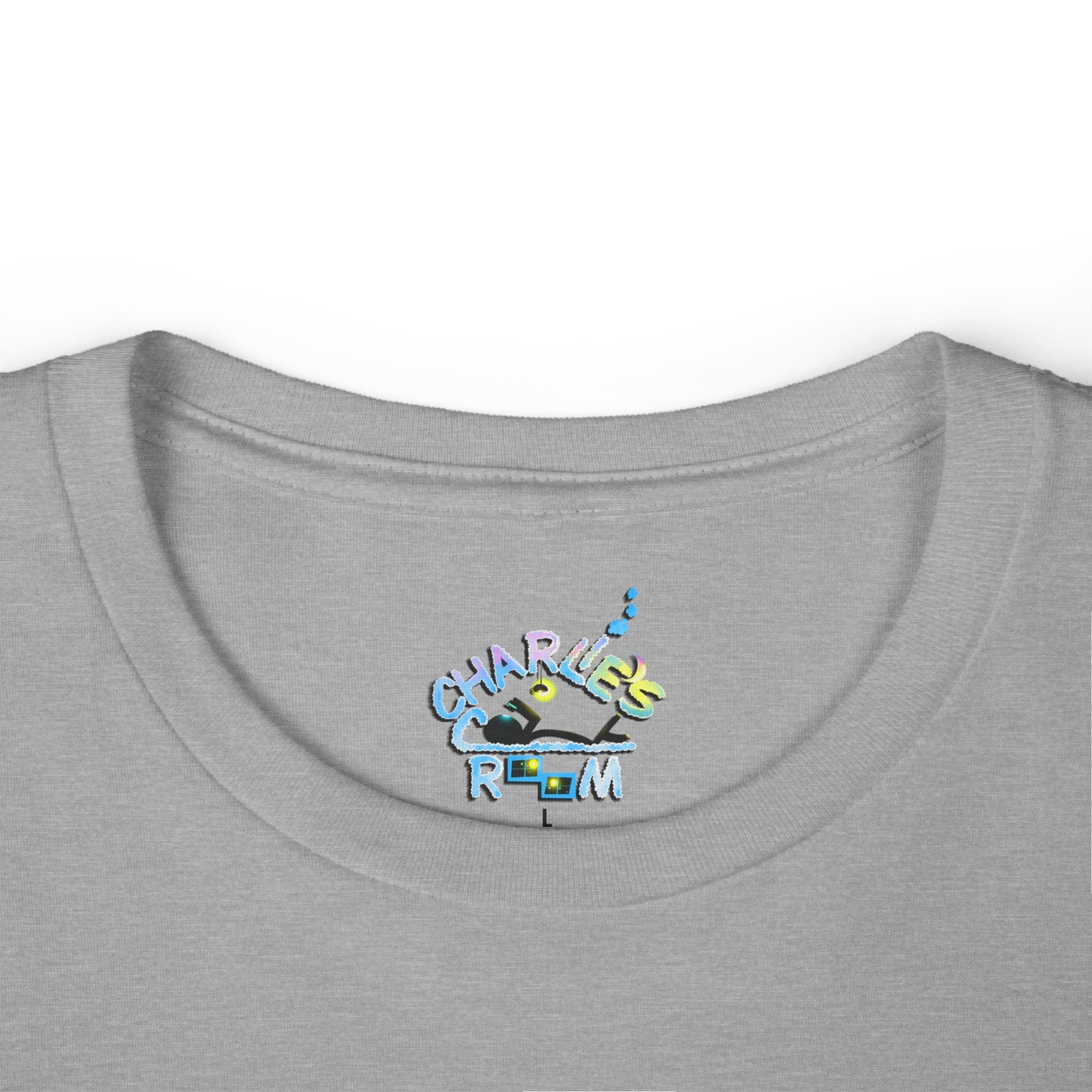 Close-up of a light gray heather crewneck t-shirt featuring the custom "Charlie's Cozy Room" logo inside-collar neck label graphic.