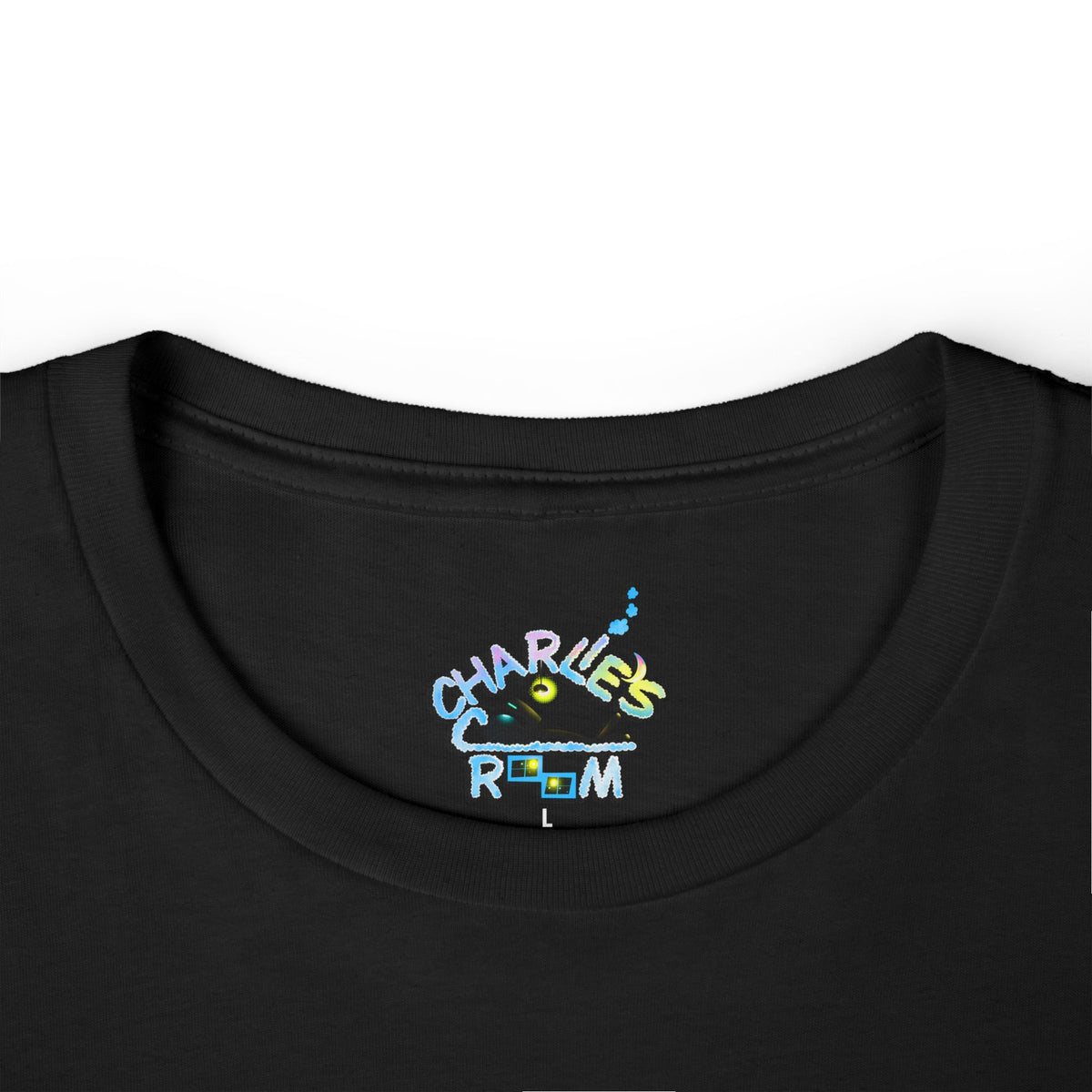 Close-up of a black crewneck t-shirt showing the inside neck label with the custom 'CHARLIE'S COZY ROOM' logo.