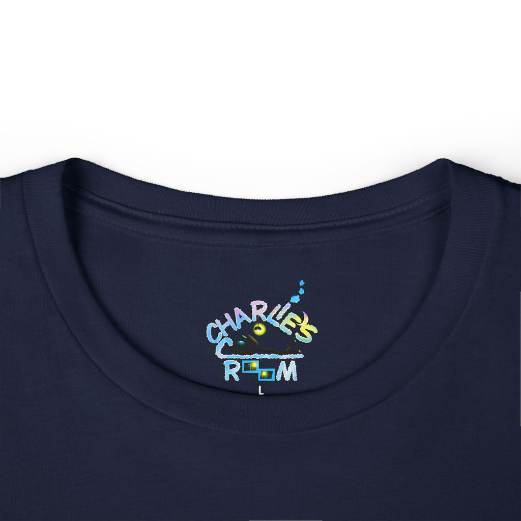 Close-up of a navy blue crewneck t-shirt featuring the custom "Charlie's Cozy Room" logo inside-collar neck label graphic.