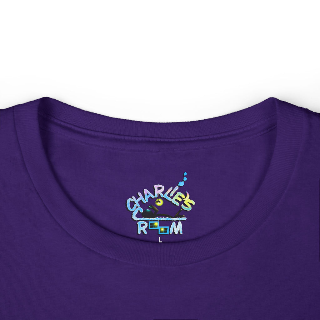 Close-up of a purple crewneck t-shirt showing the inside neck label with a colorful 'CHARLES COZY ROOM' logo.