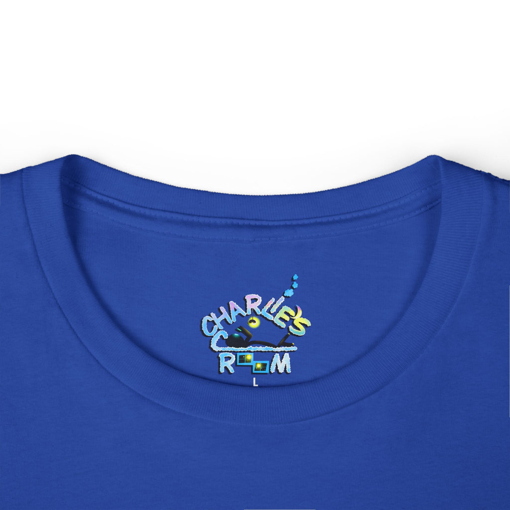 Close-up of a royal blue crewneck t-shirt featuring the custom "Charlie's Cozy Room" logo inside-collar neck label graphic.