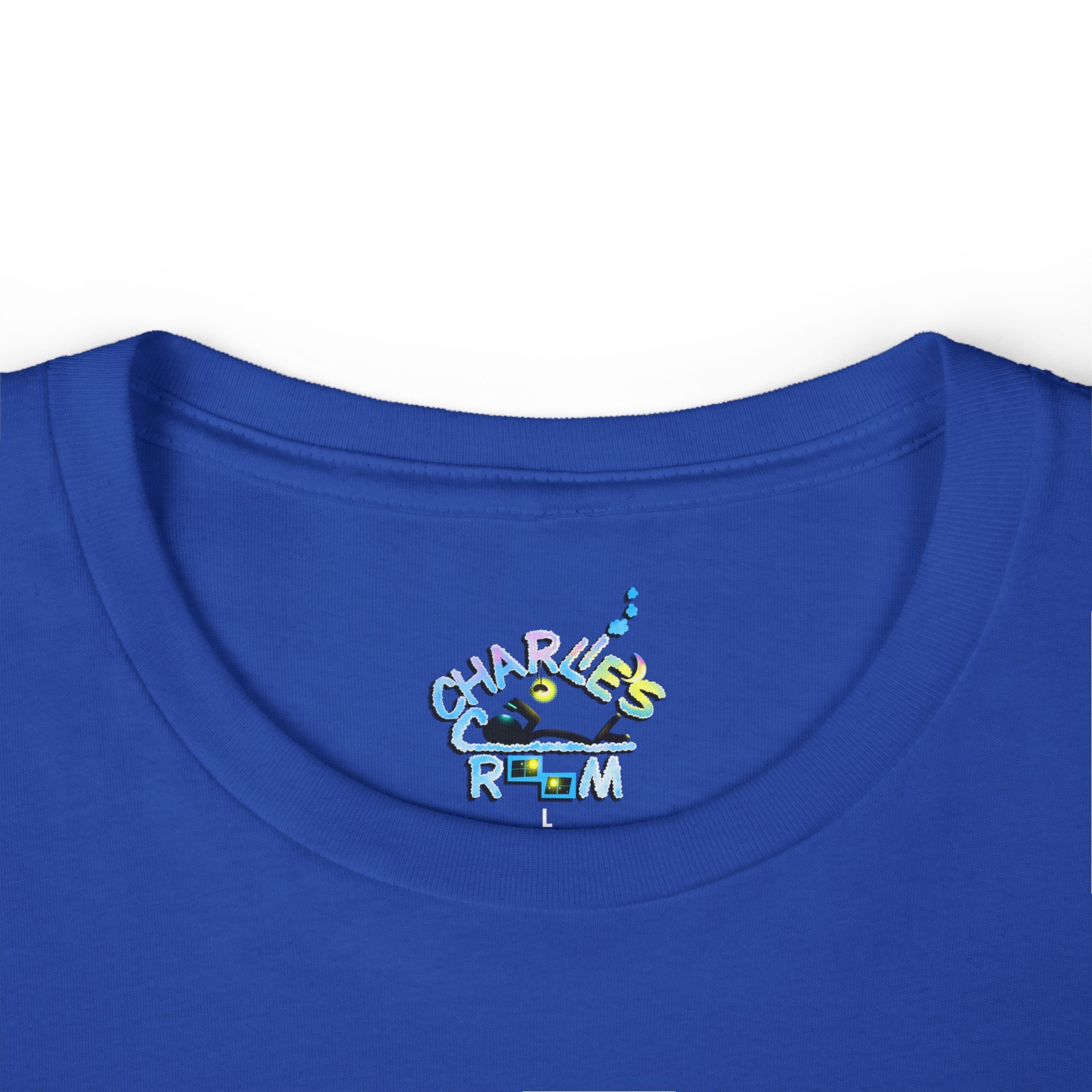 Close-up of a royal blue crewneck t-shirt featuring the custom "Charlie's Cozy Room" logo inside-collar neck label graphic.